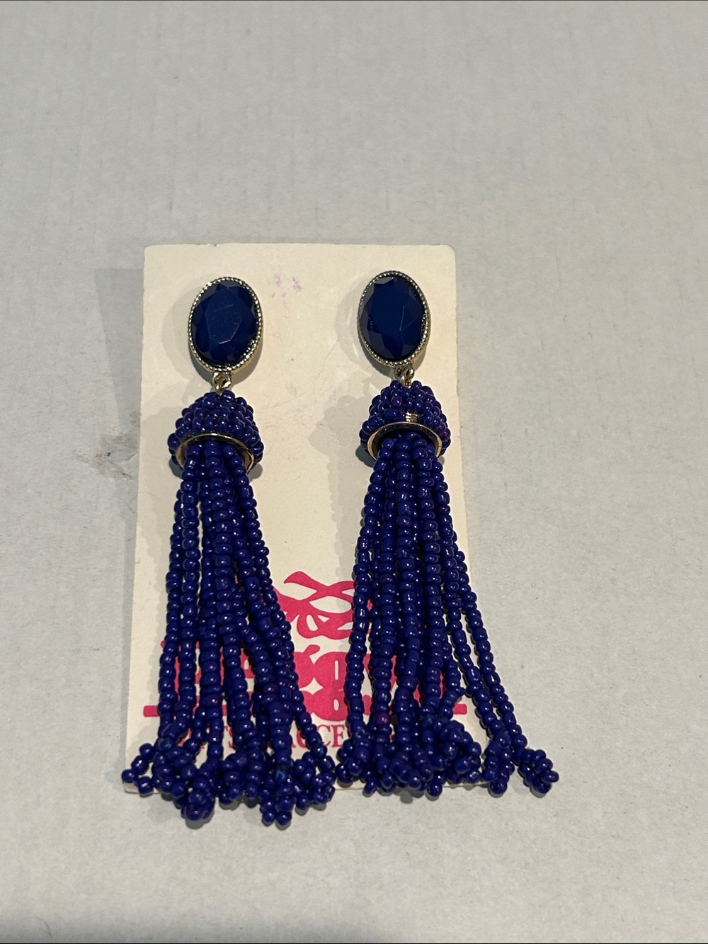 Faceted Stone & Beaded Tassel Earrings - Navy